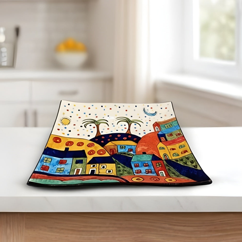 turkish ceramic rectangular serving platter with colorful artistic design for serving snacks and main dishes
